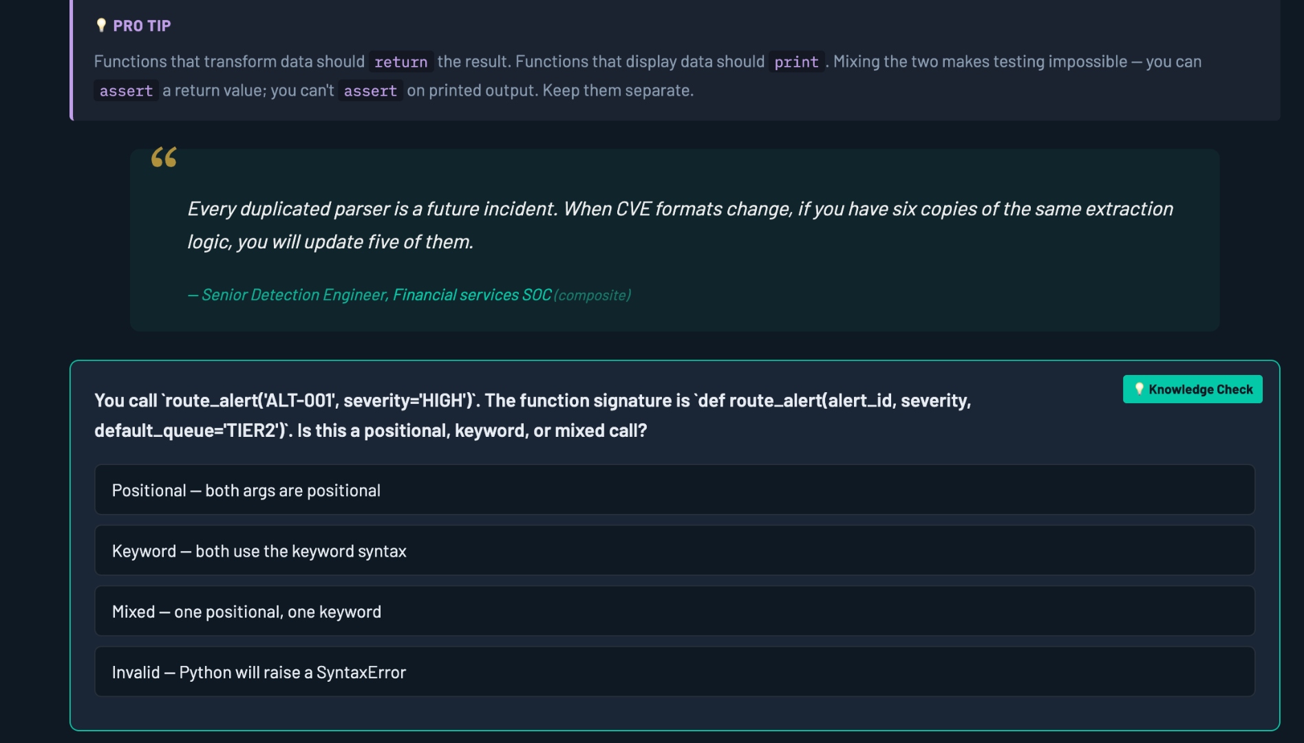 Knowledge Check quiz showing a multiple-choice question about positional vs keyword function arguments in Python