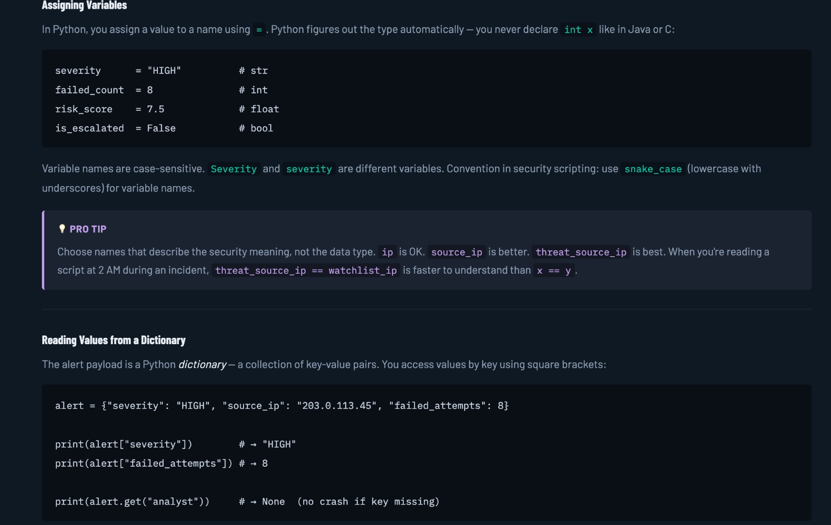 Python lesson content showing security-focused scripting concepts