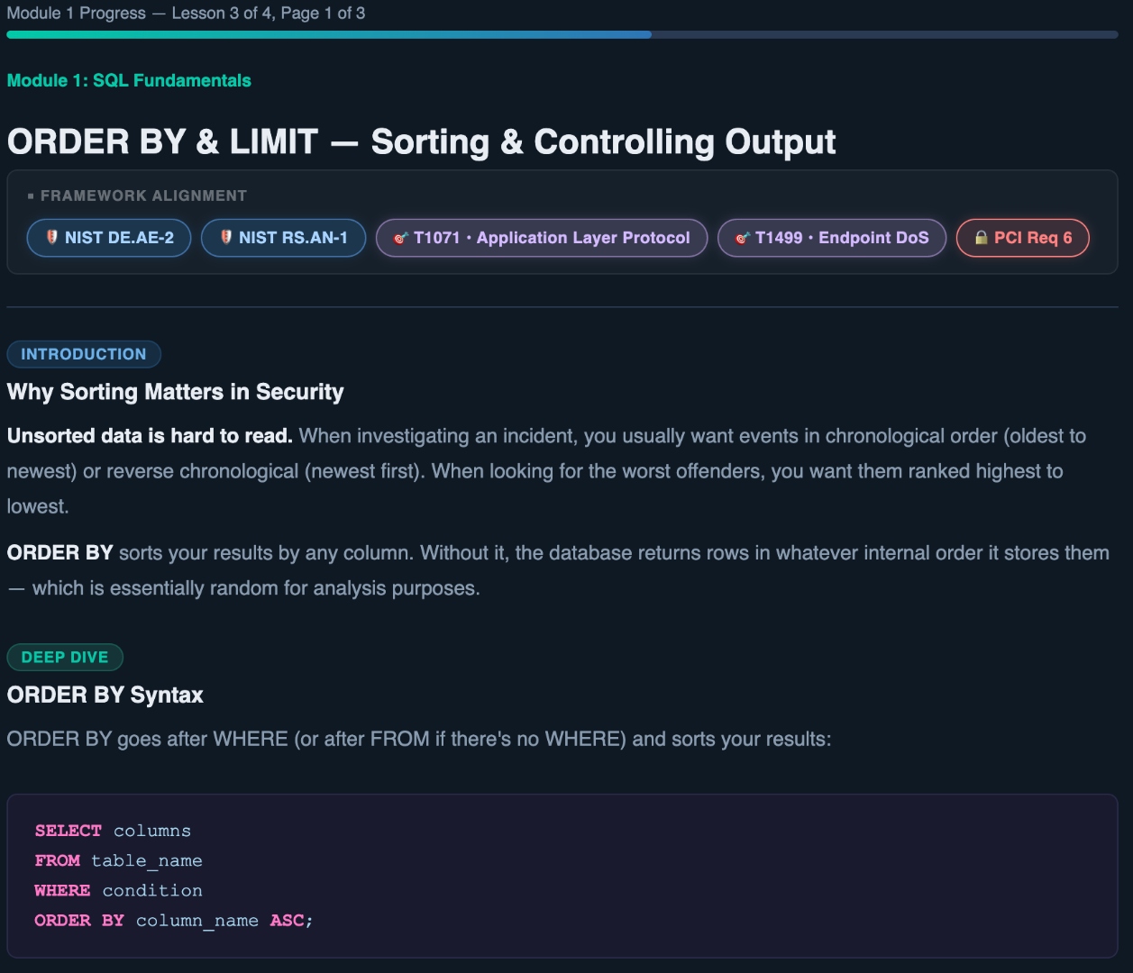 SQL lesson showing ORDER BY and LIMIT concepts with NIST and MITRE framework alignment chips